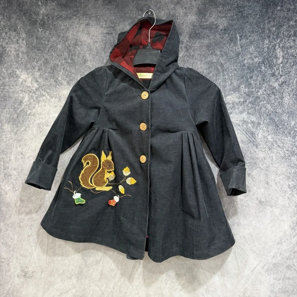 Maria Elena Girls Size 5 Black Corduroy Hooded Coat Squirrel Embroidered Plaid